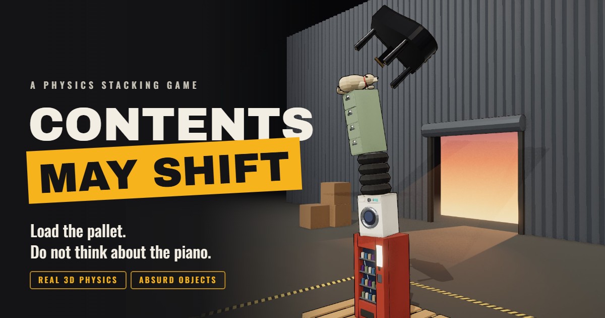 Contents May Shift title art: the Contents May Shift logo beside a leaning warehouse stack as a grand piano tumbles toward a sleeping dog