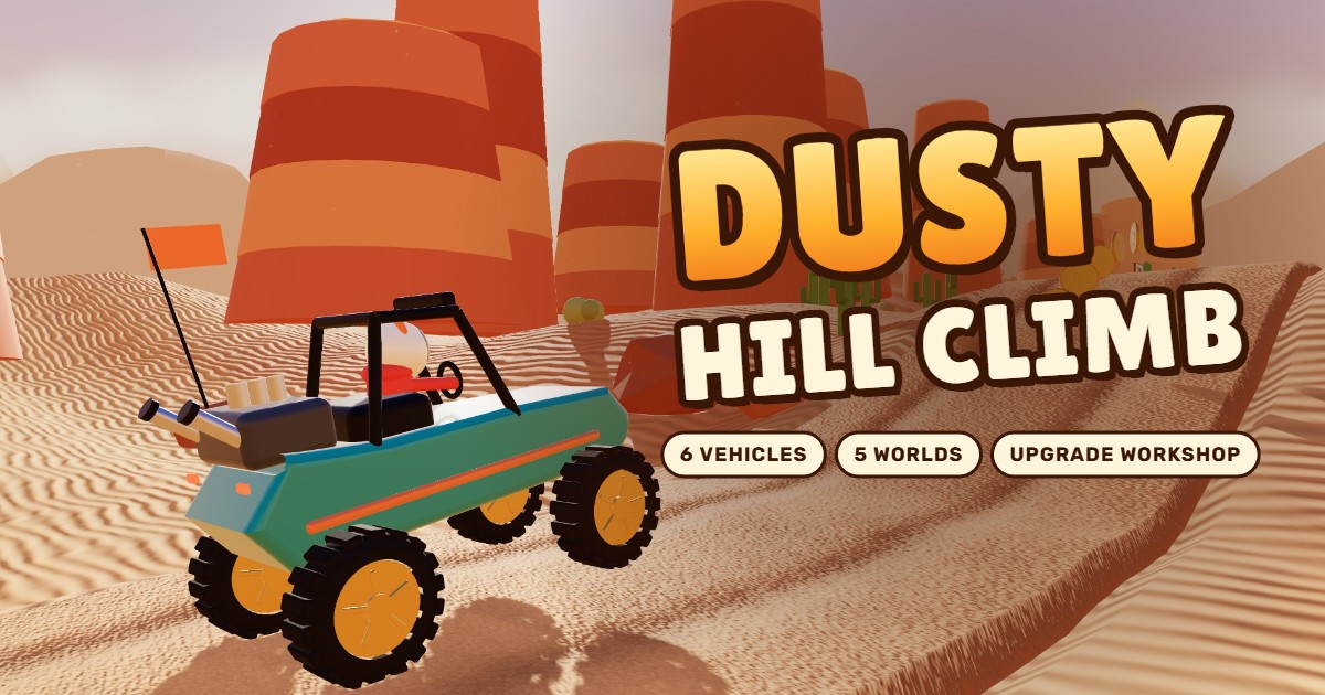 Dusty Hill Climb title art: the cartoon Dusty Hill Climb logo over striped red mesas beside a teal dune buggy on the dunes