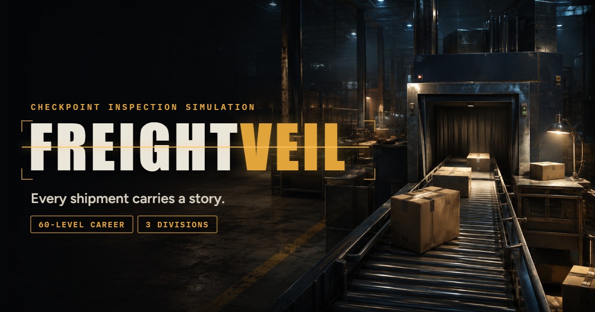 FREIGHTVEIL title art: the FREIGHTVEIL logo crossed by a scanner line beside sealed parcels riding a conveyor into a security scanner