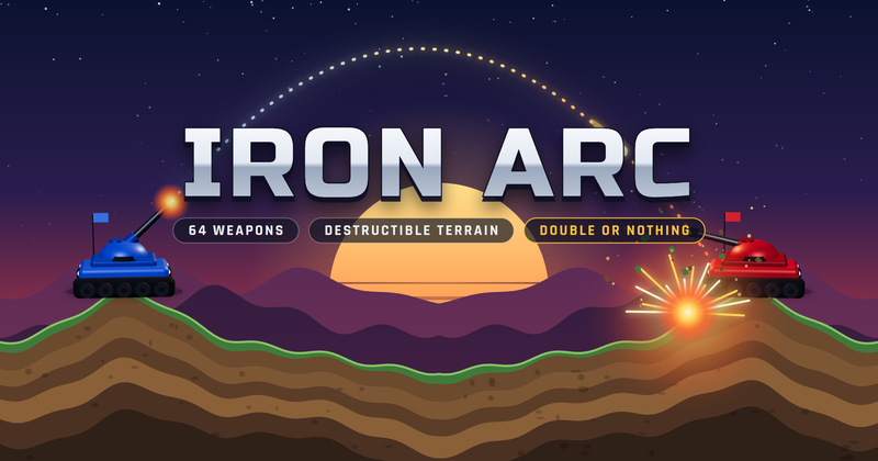 Iron Arc key art: a blue tank and a red tank trade fire across layered hills under a sunset, a dotted shell arc over the Iron Arc title