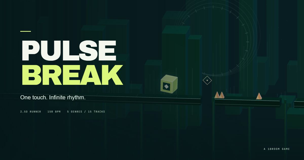 PULSEBREAK title art: a glowing energy cube above neon platforms and beat gates in a futuristic city