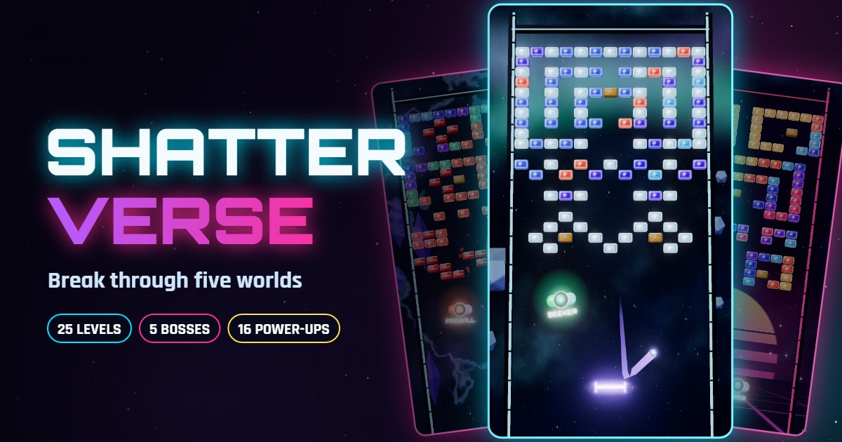 Shatterverse key art: three phone screens of glowing glass-block levels and a neon paddle in deep space, beside the Shatterverse title
