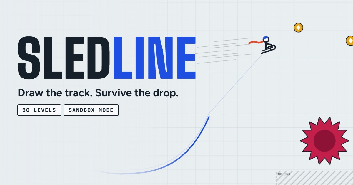 Sledline title art: the Sledline logo on graph paper as a sled rider launches off a hand-drawn blue line toward gold tokens and a spike ball